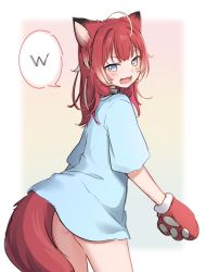 Rule 34 | 1girl, :3, :d, ahoge, akami karubi, amashiro natsuki, animal ear fluff, animal ears, animal hands, ass, blue eyes, blue shirt, commentary, fangs, gloves, highres, indie virtual youtuber, long hair, looking at viewer, looking back, multicolored hair, open mouth, paw gloves, red gloves, red hair, shirt, short sleeves, smile, solo, spoken letter, streaked hair, tail, v-shaped eyebrows, virtual youtuber