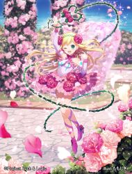 Rule 34 | 1girl, ;d, bare shoulders, blonde hair, dress, flower, full body, green eyes, hair flower, hair ornament, hairband, high heels, hina logi - from luck &amp; logic, index finger raised, liones yelistratova, long hair, looking at viewer, luck &amp; logic, momoshiki tsubaki, official art, one eye closed, open mouth, outdoors, pink dress, pink footwear, pink rose, red rose, rose, shoes, smile, solo, whip