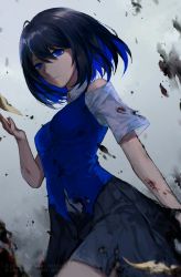 Rule 34 | 1girl, artist name, black hair, blood, blue eyes, blue hair, blue vest, breasts, closed mouth, deep wound, expressionless, grey shirt, hair between eyes, hand up, highres, honkai (series), injury, medium breasts, multicolored hair, seele vollerei, seele vollerei (swallowtail phantasm), shirt, short hair, skirt, smoke, solo, standing, torn clothes, torn skirt, vest, white shirt, wyc zz