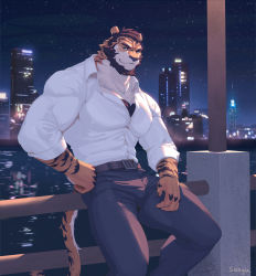 Rule 34 | 1boy, animal ears, bara, beard, belt, black pants, brown belt, bulge, cityscape, collared shirt, covered erect nipples, facial hair, feet out of frame, fence, formal, furry, furry male, highres, large pectorals, leaning back, light, looking at viewer, male focus, mature male, muscular, muscular male, original, pants, partially unbuttoned, pectoral cleavage, pectorals, sanyu (sanyu lim), shirt, shirt tucked in, short hair, sitting, smile, solo, tail, thick eyebrows, thick thighs, thighs, tiger boy, tiger ears, tiger tail, tight clothes, tight pants, tight shirt, water