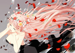 Rule 34 | 1girl, alternate hairstyle, aqua eyes, bare shoulders, breasts, broken glass, cleavage, dress, gin (oyoyo), glass, head wreath, just be friends (vocaloid), long hair, megurine luka, petals, pink hair, small breasts, solo, strapless, strapless dress, string, string of fate, tears, vocaloid