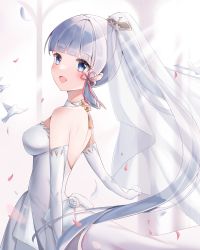 Rule 34 | 1girl, :d, ayaka (genshin impact), backless dress, backless outfit, bare shoulders, bird, blunt bangs, blush, breasts, bridal veil, bride, dove, dress, elbow gloves, genshin impact, gloves, happy, highres, light rays, looking at viewer, mole, mole under eye, open mouth, petals, ponytail, shi zhuzi da, smile, veil, wedding dress, white dress, white gloves