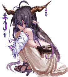 Rule 34 | 10s, 1girl, antenna hair, bad id, bad pixiv id, bandages, black hair, breasts, danua, draph, dress, female focus, finger to mouth, granblue fantasy, horns, jewelry, large breasts, long hair, looking at viewer, mizutsu, pointy ears, red eyes, simple background, solo, squatting, topless, white background