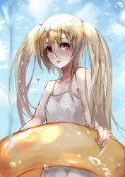 Rule 34 | 1girl, absurdres, bad id, bad pixiv id, bird, blonde hair, blue sky, character request, child, cloud, collarbone, day, dress, hair between eyes, highres, holding, holding swim ring, innertube, long hair, looking at viewer, ocean, outdoors, parted lips, red eyes, seagull, sky, sleeveless, sleeveless dress, solo, swim ring, swimsuit, tower of saviors, twintails, vardan, water drop, white dress