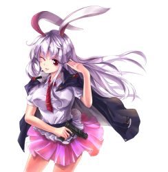 Rule 34 | 1girl, animal ears, goingtobemad, gun, handgun, highres, jacket, jacket on shoulders, long hair, necktie, one eye closed, open mouth, purple hair, rabbit ears, red eyes, red necktie, reisen udongein inaba, simple background, skirt, smile, solo, touhou, weapon, white background