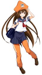 Rule 34 | 1girl, anchor, bag, bag charm, blush, brown eyes, brown hair, charm (object), flat chest, full body, grin, guilty gear, guilty gear xrd, hat, loafers, long hair, may (guilty gear), orange hat, pants, pants under skirt, poncocchan, school uniform, serafuku, shoes, skirt, smile, solo, track pants, very long hair, white background
