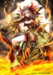 Rule 34 | 1girl, bare shoulders, breasts, dragon, green eyes, karlwolf, long hair, moeru! jiten, navel, personification, revision, silver hair, sitting, small breasts, solo, thighhighs