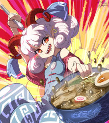 Rule 34 | artist name, bare shoulders, blue dress, blue ribbon, bowl, curly hair, dated, detached sleeves, dragon, dress, earrings, egg, egg (food), food, glowing, glowing eyes, hand up, highres, holding, holding bowl, holding food, holding spork, horizontal pupils, horn ornament, horn ribbon, horns, jewelry, looking at viewer, noodles, orange eyes, pointy ears, ramen, red eyes, red horns, ribbon, sharp teeth, sheep horns, smile, solo, spork, syope, teeth, touhou, toutetsu yuuma, white hair