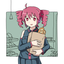 Rule 34 | 1girl, absurdres, ahoge, bag, baguette, black shirt, black skirt, black sleeves, blush, border, bread, bread bun, collared shirt, commentary, cowboy shot, detached sleeves, drill hair, ennui orz, food, green background, hanging light, headset, highres, holding, holding bag, kasane teto, long sleeves, looking at viewer, monochrome background, no sclera, open mouth, outside border, paper bag, pink eyes, pink hair, pleated skirt, shelf, shirt, skirt, smile, solo, standing, twin drills, utau, white border