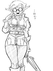 Rule 34 | 1girl, bodysuit, breasts, breath of fire, breath of fire v, dr.p, facial hair, fake facial hair, fake mustache, female focus, groucho glasses, glasses, gloves, greyscale, large breasts, monochrome, mustache, opaque glasses, pantyhose, pointy ears, short hair, solo, white background, zeno 1/128