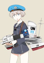Rule 34 | 10s, 1girl, bad id, bad twitter id, blue background, blue eyes, blue hat, character name, clothes writing, cowboy shot, dress, german flag, grey background, hat, highres, kantai collection, kozou (rifa), looking at viewer, machinery, sailor dress, sailor hat, short hair, silver hair, simple background, solo, united nations, upper body, z1 leberecht maass (kancolle)