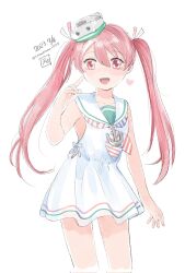 Rule 34 | 1girl, dress, eto (etonomemo1008), fang, hair ribbon, heart, highres, kantai collection, libeccio (kancolle), long hair, looking at viewer, neckerchief, one-hour drawing challenge, red eyes, red hair, ribbon, sailor collar, sailor dress, signature, simple background, sleeveless, sleeveless dress, solo, striped, striped neckerchief, twintails, twitter username, white background, white dress, white sailor collar