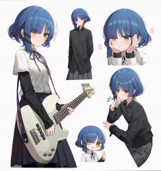 Rule 34 | 1girl, absurdres, arm behind back, black bow, black bowtie, black pantyhose, black shirt, blue hair, blue skirt, blush, bocchi the rock!, bow, bowtie, breasts, closed mouth, collared shirt, commentary request, eyes visible through hair, flower, grey background, grey skirt, guitar, hair between eyes, hair ornament, hair over one eye, hairclip, hand on own face, hand up, hands on own face, hands up, highres, holding, holding instrument, instrument, long sleeves, looking at viewer, looking to the side, lunia, medium breasts, mole, mole under eye, open mouth, pantyhose, pink flower, pleated skirt, shirt, short hair, short sleeves, simple background, sitting, skirt, smile, solo, standing, table, v, white shirt, wing collar, yamada ryo, yellow eyes