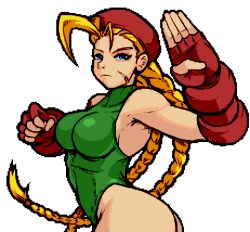 Rule 34 | 1girl, ass, beret, blonde hair, blue eyes, braid, breasts, cammy white, capcom, countgate, fighting stance, fingerless gloves, gloves, green leotard, hat, highleg, highleg leotard, highres, large breasts, leotard, long hair, looking at viewer, pixel art, street fighter, toned, twin braids, wide hips