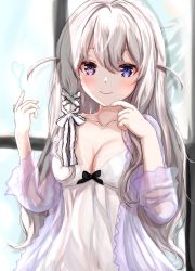 Rule 34 | 1girl, azur lane, blue eyes, blush, breasts, cleavage, collarbone, frosted glass, grey hair, hair ribbon, heart, heterochromia, highres, long hair, looking at viewer, medium breasts, murmansk (azur lane), murmansk (sceneries of pure snow) (azur lane), nightgown, official alternate costume, purple eyes, ribbon, see-through, see-through sleeves, sidelocks, smile, solo, tress ribbon, umidemi, white nightgown, window
