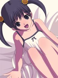 Rule 34 | 1girl, bare shoulders, black eyes, blush, camisole, collarbone, knees up, looking at viewer, natori (natorism), open mouth, original, sleeveless, solo, tareme, twintails