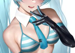 Rule 34 | 1girl, aqua hair, aqua necktie, bare shoulders, bikini, bikini top only, black gloves, blue gloves, blush, breasts, close-up, detached collar, elbow gloves, gloves, hatsune miku, head out of frame, highres, long hair, looking at viewer, multicolored clothes, multicolored gloves, necktie, nine (kanine41), open mouth, small breasts, smile, solo, string bikini, striped bikini, striped clothes, swimsuit, twintails, two-tone gloves, upper body, vocaloid, white background
