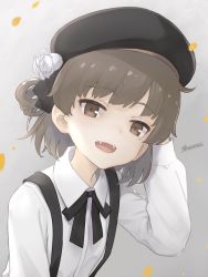 Rule 34 | 1girl, :d, arm behind head, arm up, beret, black bow, black hat, bow, brown eyes, brown hair, collared shirt, commentary request, dan (kumadan), dress shirt, fangs, flower, grey background, hair flower, hair ornament, hair rings, hat, hatoba tsugu, highres, long sleeves, looking at viewer, open mouth, rose, shirt, signature, smile, solo, tsugu (vtuber), upper body, virtual youtuber, white flower, white rose, white shirt