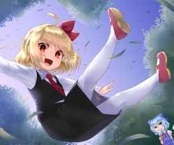 Rule 34 | 2girls, :d, araki (qbthgry), black skirt, black vest, blonde hair, blouse, blue hair, blue sky, bow, cirno, day, dress, fang, forest, full body, grass, hair bow, hair ribbon, long sleeves, looking at viewer, multiple girls, nature, necktie, open mouth, outdoors, outstretched arms, pantyhose, red eyes, red footwear, ribbon, rumia, shirt, shoes, short hair, skin fang, skirt, sky, smile, touhou, tree, vest, white legwear, white shirt