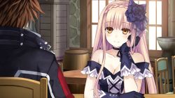 Rule 34 | 1girl, blonde hair, blush, fairy fencer f, fang (fairy fencer f), flower, from behind, game cg, hair flower, hair ornament, hands on own cheeks, hands on own face, long hair, mariano (fairy fencer f), official art, smile, tsunako, yellow eyes