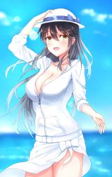 Rule 34 | 1girl, bikini, bikini under clothes, blue bow, blue sky, blush, bow, breasts, day, hair between eyes, hair ornament, hairclip, haruna (kancolle), hat, hat bow, highres, jewelry, kantai collection, large breasts, leeshin0919, long hair, long sleeves, looking at viewer, ocean, open mouth, ring, sky, swimsuit, wedding ring, white bikini
