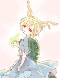 Rule 34 | 1girl, antlers, biyon, blonde hair, blue shirt, blue skirt, cherry blossoms, commentary request, cowboy shot, dragon horns, dragon tail, grabbing, hand on another&#039;s face, horn flower, horns, kicchou yachie, looking at viewer, looking back, otter spirit (touhou), pink background, red eyes, shirt, short hair, skirt, smile, solo, tail, touhou, turtle shell, twitter username