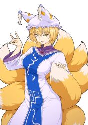 Rule 34 | 1girl, blonde hair, breasts, commentary, dress, fox girl, fox shadow puppet, fox tail, hat, highres, kakone, kitsune, large breasts, looking at viewer, mob cap, multiple tails, open mouth, short hair, simple background, solo, tabard, tail, touhou, white background, white dress, yakumo ran, yellow eyes