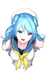 Rule 34 | 1girl, bad id, bad twitter id, blue eyes, blue hair, collarbone, commentary request, cropped arms, cropped torso, double bun, hair bun, hat, highres, kantai collection, looking at viewer, neckerchief, open mouth, oqwda, sailor hat, school uniform, serafuku, simple background, sleeves rolled up, smile, solo, teeth, upper body, urakaze (kancolle), white background, white hat, yellow neckerchief