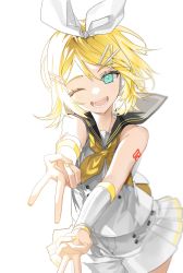Rule 34 | 1girl, ;d, aqua eyes, bare shoulders, blonde hair, blush, bow, buttons, commentary, cowboy shot, detached sleeves, double-breasted, double v, english commentary, eyelashes, fangs, grey sailor collar, grey sleeves, hair bow, hair ornament, hairclip, highres, kagamine rin, kagamine rin (vocaloid4), leg warmers, mona0101, nail polish, neckerchief, number tattoo, one eye closed, open mouth, pleated shorts, sailor collar, shirt, shorts, shoulder tattoo, simple background, sleeveless, sleeveless shirt, smile, solo, tattoo, v, v4x, vocaloid, white background, yellow nails, yellow neckerchief