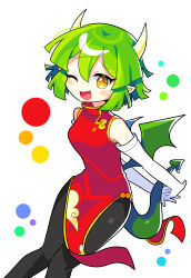 Rule 34 | 1girl, absurdres, black pants, blush, breasts, brown eyes, china dress, chinese clothes, draco centauros, dragon girl, dragon horns, dragon tail, dragon wings, dress, elbow gloves, fang, gloves, green hair, highres, horns, looking at viewer, medium breasts, offbeat, one eye closed, open mouth, pants, puyopuyo, red dress, short hair, sleeveless, sleeveless dress, smile, solo, tail, white gloves, wings