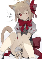 Rule 34 | 1girl, ahoge, animal ear fluff, animal ears, blonde hair, blush, bow, bowtie, cat ears, cat tail, commentary, embodiment of scarlet devil, hair bow, highres, kemonomimi mode, mary janes, medium hair, one eye closed, puffy sleeves, red bow, red bowtie, red eyes, rumia, sh (shinh), shoes, simple background, sitting, solo, spread legs, tail, touhou, white background, white legwear, wrist cuffs