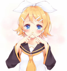 Rule 34 | 1girl, ascot, blonde hair, blue eyes, blush, crossed fingers, detached sleeves, fingers together, hair ornament, hair ribbon, hairclip, index fingers together, kagamine rin, nail polish, natsu (natume0504), ribbon, sailor collar, short hair, solo, vocaloid, x fingers, yellow nails