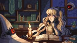 Rule 34 | blonde hair, book, bookshelf, candle, candlelight, clock, eitri (fire emblem), fire emblem, fire emblem heroes, gloves, hand on own cheek, hand on own face, hat, highres, long hair, lunar dignity, nintendo, pixel art, plant, potted plant, rain, red eyes, tapestry, tri tails, window