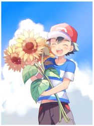 Rule 34 | 1boy, ^ ^, ash ketchum, baseball cap, black hair, black pants, blue shirt, blue sky, border, closed eyes, cloud, collarbone, cowboy shot, creatures (company), day, facing viewer, flower, game freak, hat, holding, holding flower, leaf, male focus, mei (maysroom), navel, nintendo, open mouth, outdoors, pants, pocket, pokemon, pokemon (anime), pokemon sm (anime), red hat, shirt, short sleeves, sky, smile, solo, standing, striped clothes, striped shirt, sunflower, teeth, upper teeth only, white border, white shirt, yellow flower