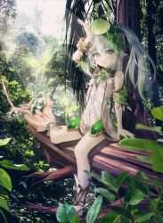 Rule 34 | 1girl, :o, alpha beast, armlet, bare shoulders, barefoot, blurry, blurry foreground, blush, bush, child, cross-shaped pupils, dappled sunlight, detached sleeves, dress, forest, genshin impact, green eyes, green sleeves, highres, holding, light, long hair, looking at viewer, nahida (genshin impact), nature, open mouth, pointy ears, side ponytail, sitting, sleeveless, sleeveless dress, socks, solo, stirrup footwear, sunlight, symbol-shaped pupils, toeless footwear, tree, white dress, white hair, white socks