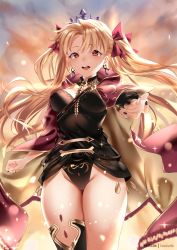 Rule 34 | 1girl, black leotard, blonde hair, blush, breasts, cape, cleavage, earrings, ereshkigal (fate), fate/grand order, fate (series), gold trim, highres, hood, hooded cape, hoop earrings, jewelry, large breasts, leotard, long hair, looking at viewer, multicolored cape, multicolored clothes, open mouth, outstretched arm, parted bangs, red cape, red eyes, single sleeve, single thighhigh, skull, smile, spine, thighhighs, thighs, tiara, two side up, yellow cape, zasshu