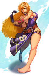Rule 34 | 1girl, barefoot, belt, blonde hair, blue eyes, breasts, calvin sims, choker, cleavage, dress, fingerless gloves, garou mark of the wolves, gloves, gold bracelet, highres, jenet behrn, large breasts, long hair, looking at viewer, one eye closed, open mouth, purple dress, shoes, single shoe, snk, the king of fighters, the king of fighters xv, thigh strap