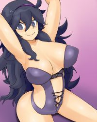 Rule 34 | 1girl, @ @, ahoge, alternate breast size, alternate color, arched back, arms up, bags under eyes, belt, bondage outfit, breasts, breasts apart, closed mouth, creatures (company), game freak, gradient background, hairband, hex maniac (pokemon), highres, large breasts, long hair, looking at viewer, messy hair, navel, nintendo, npc trainer, pokemon, pokemon xy, purple background, purple eyes, purple hair, shiny skin, sitting, smile, solo, ttrop