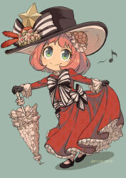 Rule 34 | 1girl, :&gt;, anya (spy x family), artist name, black bow, black bowtie, black gloves, black hat, black sash, bow, bowtie, bun cover, child, commentary request, dress, eighth note, f11417073, flower, formal, frilled sleeves, frilled umbrella, frills, full body, gloves, green background, hat, hat bow, hat flower, hat ribbon, holding, holding umbrella, lightning bolt symbol, mary janes, musical note, pink hair, red dress, ribbon, sash, shoes, simple background, skirt hold, solo, spoken musical note, spy x family, standing, star (symbol), striped bow, striped bowtie, striped clothes, striped sash, twitter username, umbrella, white bow, white bowtie, white sash