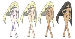 Rule 34 | 10s, 1girl, absurdres, bandaid, bandaid on pussy, bandaids on nipples, barefoot, black hair, blonde hair, breasts, character sheet, creatures (company), female focus, full body, game freak, green eyes, hair over one eye, highres, long hair, long legs, lusamine (pokemon), nintendo, nipples, nude, pasties, pokemon, pokemon sm, simple background, small breasts, solo, third-party edit, very long hair, wide hips