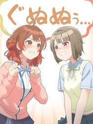 Rule 34 | 2girls, ahoge, blue ribbon, blue shirt, blue skirt, blunt bangs, blush, bob cut, brown eyes, brown hair, cardigan, clenched hands, clenched teeth, collared shirt, commentary request, crossover, dress shirt, eye contact, gakuen idolmaster, glaring, gradient hair, hanami ume, hands up, hatsuboshi gakuen school uniform, highres, idolmaster, long sleeves, looking at another, love live!, love live! nijigasaki high school idol club, multicolored hair, multiple girls, nakasu kasumi, neck ribbon, nijigasaki school uniform, omochi mochi (mcmc akari), overskirt, pink cardigan, pleated skirt, red eyes, ribbon, school uniform, shirt, short hair, simple background, skirt, sleeves past wrists, summer uniform, sweater vest, teeth, trait connection, translation request, v-shaped eyebrows, v arms, white background, white shirt, yellow ribbon, yellow sweater vest