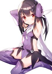 Rule 34 | 1girl, armpits, bare shoulders, blush, breasts, brown eyes, brown hair, closed mouth, commentary request, detached sleeves, fate/kaleid liner prisma illya, fate (series), hair between eyes, hair ornament, leotard, long hair, long sleeves, looking at viewer, miyu edelfelt, purple leotard, purple sleeves, purple thighhighs, simple background, sitting, small breasts, solo, thighhighs, tousaki shiina, very long hair, white background