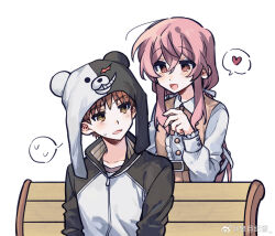 1girl bear_hair_ornament black_hat black_jacket blush danganronpa_(series) emiya_shirou fate/stay_night fate_(series) hair_ornament hat jacket long_hair momomiya_shizuku monokuma non-web_source open_mouth orange_hair original pink_eyes pink_hair raglan_sleeves red_hair ribbon shirt simple_background skirt smile source_request twintails weibo_watermark white_hat white_jacket