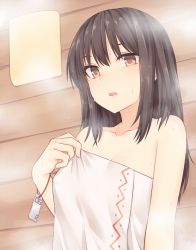 Rule 34 | 1girl, bare arms, bare shoulders, black hair, breasts, brown eyes, collarbone, commentary request, hakurei reimu, hand up, indoors, long hair, looking at viewer, medium breasts, miyo (ranthath), naked towel, open mouth, sidelocks, solo, steam, touhou, towel, upper body