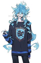 Rule 34 | 10r (tulipano), 1boy, bad id, bad twitter id, blue hair, blue lips, hair between eyes, highres, idia shroud, long hair, long sleeves, looking at viewer, male focus, sharp teeth, shirt, simple background, smile, solo, striped clothes, striped shirt, sweater, teeth, twisted wonderland, white background, yellow eyes