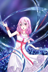 Rule 34 | 10s, 1girl, bare shoulders, double helix, dress, guilty crown, hair ornament, hairclip, highres, long hair, open mouth, pink hair, red eyes, solo, twintails, w-verne, yuzuriha inori