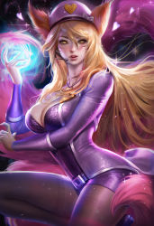 Rule 34 | 1girl, ahri (league of legends), alternate costume, animal ears, black pantyhose, blonde hair, blush, breasts, cleavage, energy ball, facial mark, fox ears, fox tail, hat, headset, heart, highres, league of legends, long hair, open mouth, pantyhose, peaked cap, popstar ahri, realistic, sakimichan, solo, standing, tail, whisker markings, whiskers, yellow eyes