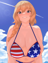 Rule 34 | 1girl, aircraft, airplane, american flag bikini, bikini, blue eyes, blue sky, breasts, cloud, cloudy sky, contrail, day, flag print, freckles, from below, grin, highres, huge breasts, lancer24, long hair, looking at viewer, ocean, original, outdoors, sky, smile, solo, swimsuit