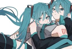 Rule 34 | 2girls, arm around waist, blue eyes, blue hair, blue necktie, breasts, clone, detached sleeves, hatsune miku, highres, hug, long hair, looking at viewer, lying, multiple girls, necktie, on back, parted lips, sakusya2honda, simple background, sketch, twintails, very long hair, vocaloid, white background