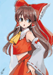 Rule 34 | 1girl, bare shoulders, blue background, blush, bow, brown eyes, brown hair, collared shirt, detached sleeves, frilled shirt collar, frills, hair bow, hair tubes, hakurei reimu, hand on own hip, head tilt, highres, huge bow, japanese clothes, long hair, looking back, miko, nontraditional miko, open mouth, red bow, red shirt, red skirt, ribbon, ribbon-trimmed sleeves, ribbon trim, shirt, signature, skirt, sleeveless, sleeveless shirt, solo, sumomo, touhou, yellow neckwear